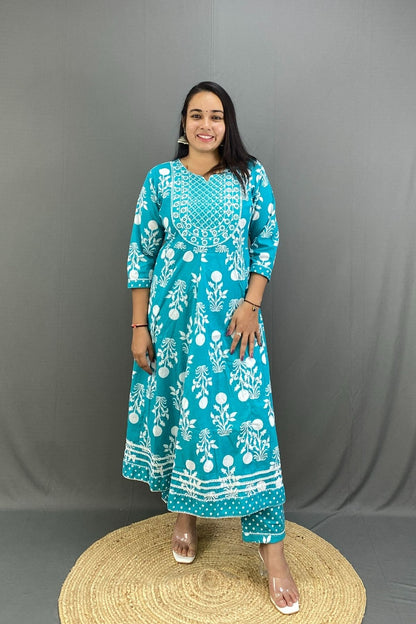 Premium Cotton Aasmani Blue Floral Anarkali Kurti Pant Set with Elegant Mirror & Lace Work