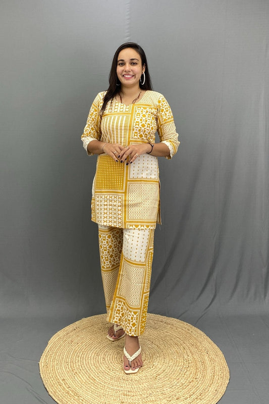 Printed Khadi Short Kurti Pant Co-ord Set, Natural Fabric Comfort for Smart Looks Everyday