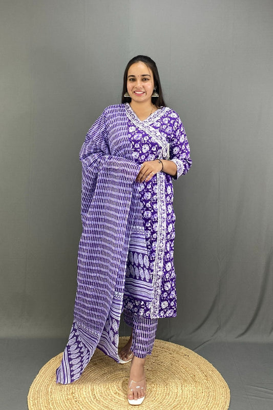 Ethnic Chic Look Angrakha Style Kurti Pant Set in Premium Cotton with Matching Dupatta