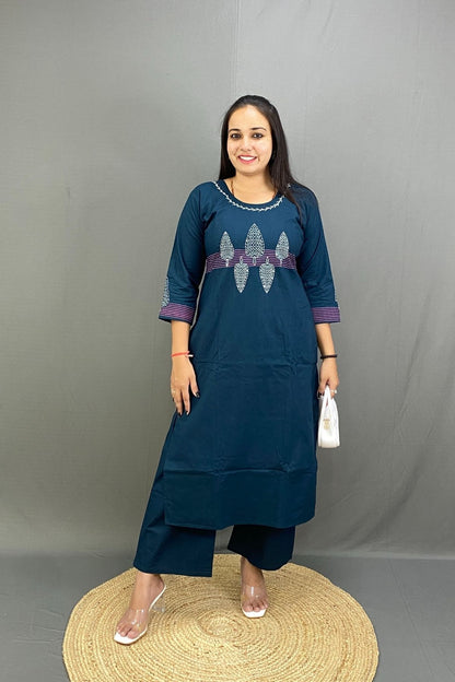 Deep Teal Blue Pure Cotton Co-ord Set with front Embroidery and Block Print