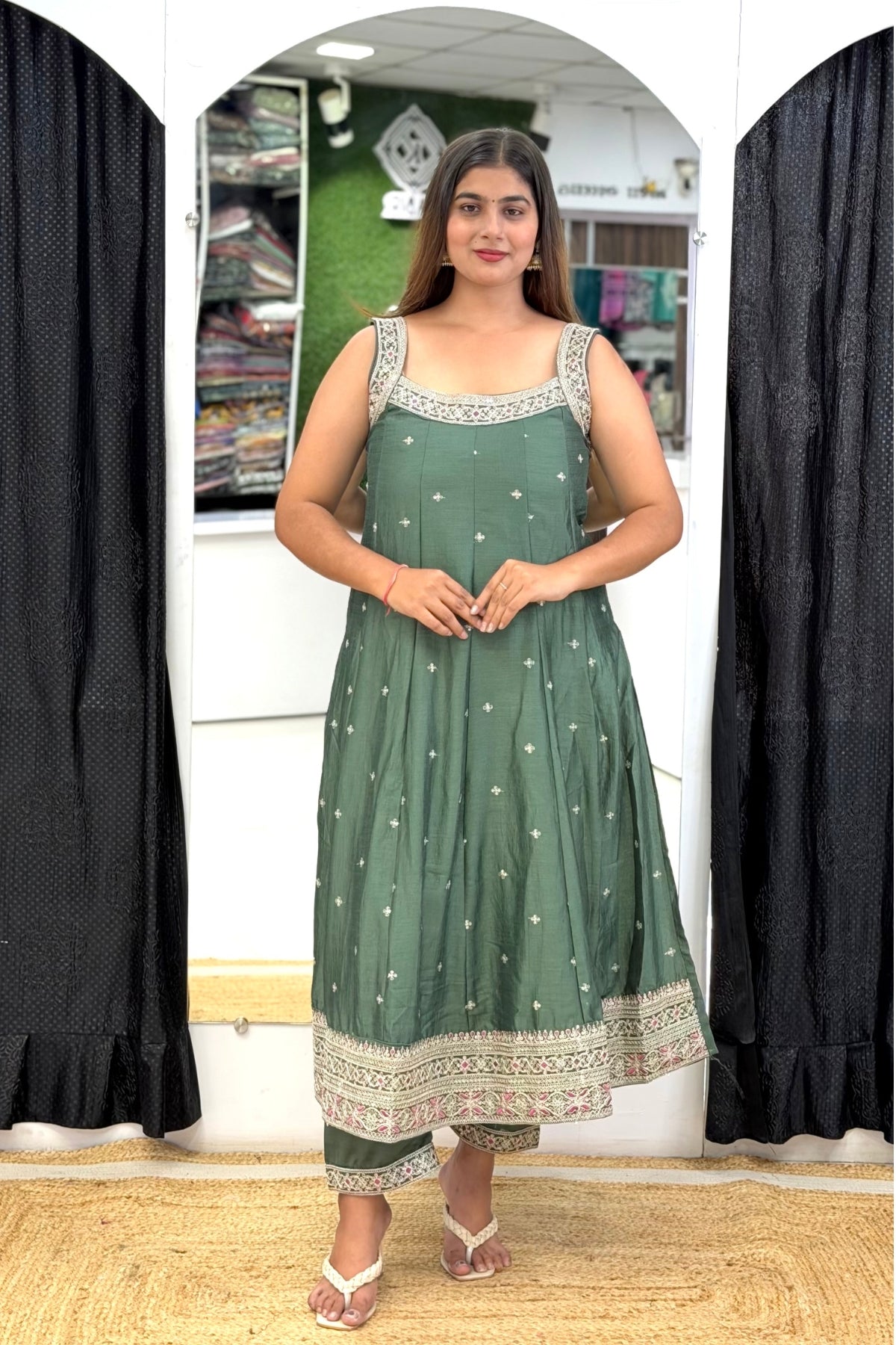 Roman Silk Sleeveless Anarkali Suit Set with Tikki Embroidery & Lace Dupatta
