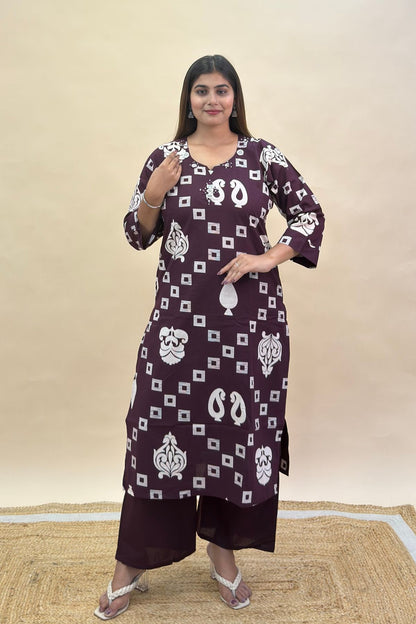 Premium Cotton Kurta Set with Abhala Mirror Work, Semi Palazzo Pant & Mulmul Printed Dupatta