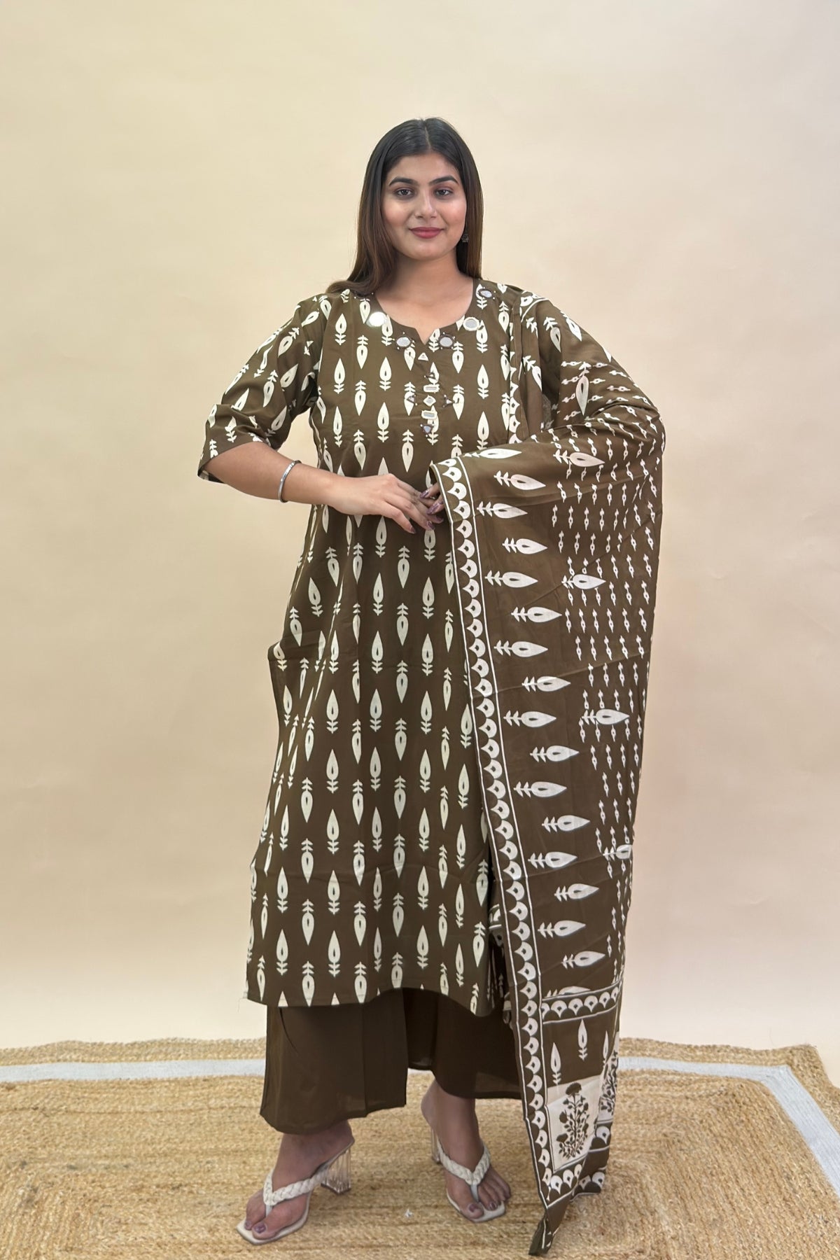 Premium Cotton Bagru Print Straight Kurti Set with Semi Palazzo & Mulmul Cotton Dupatta