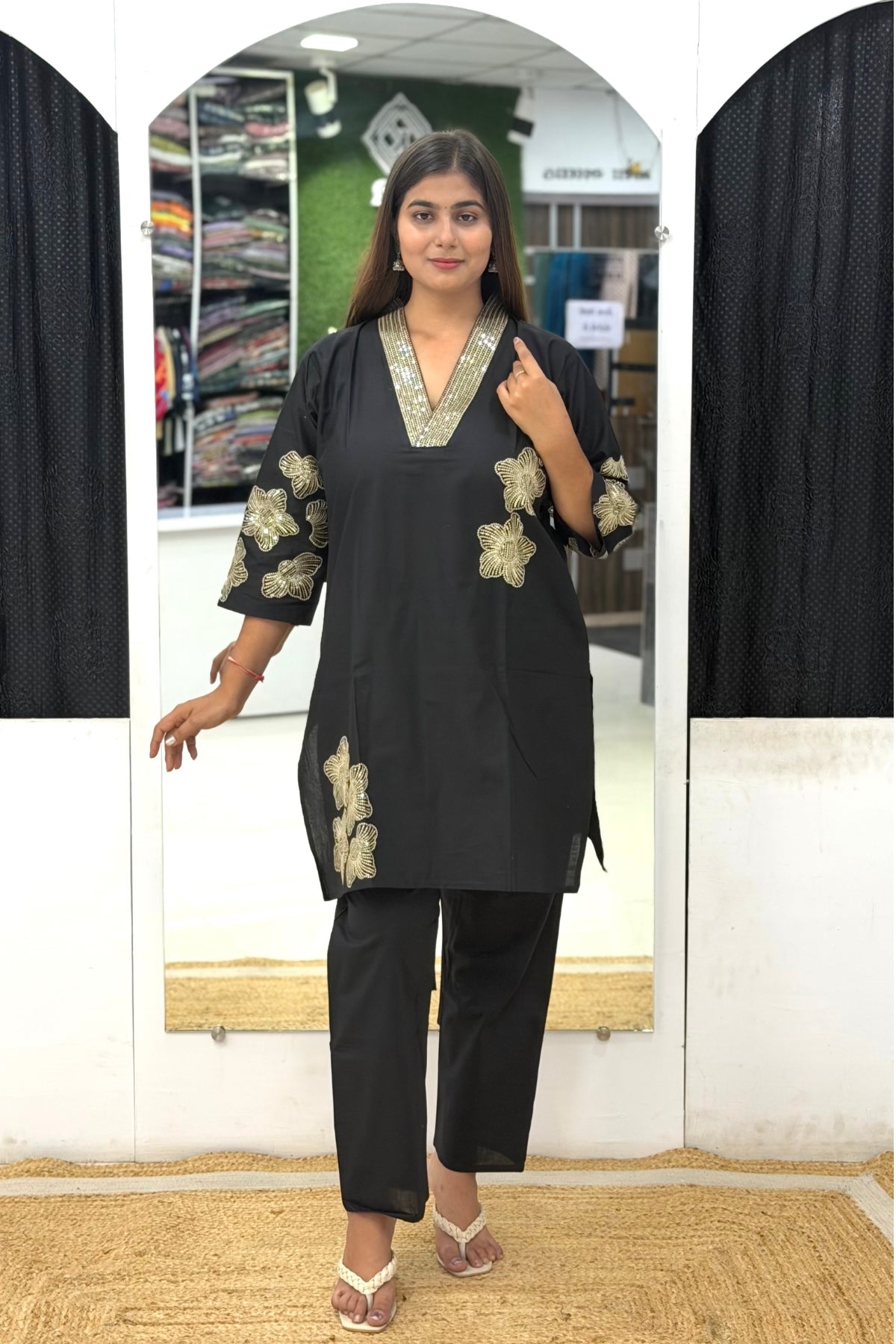 Premium Cotton Short Kurti Cord Set with Gold Tikki Work, Floral Embroidery & Palazzo Pants
