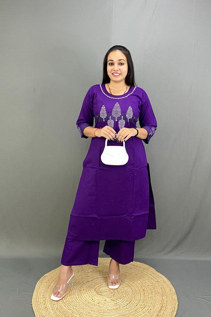 Deep Purple Pure Cotton Co-ord Set with front Embroidery and Block Print