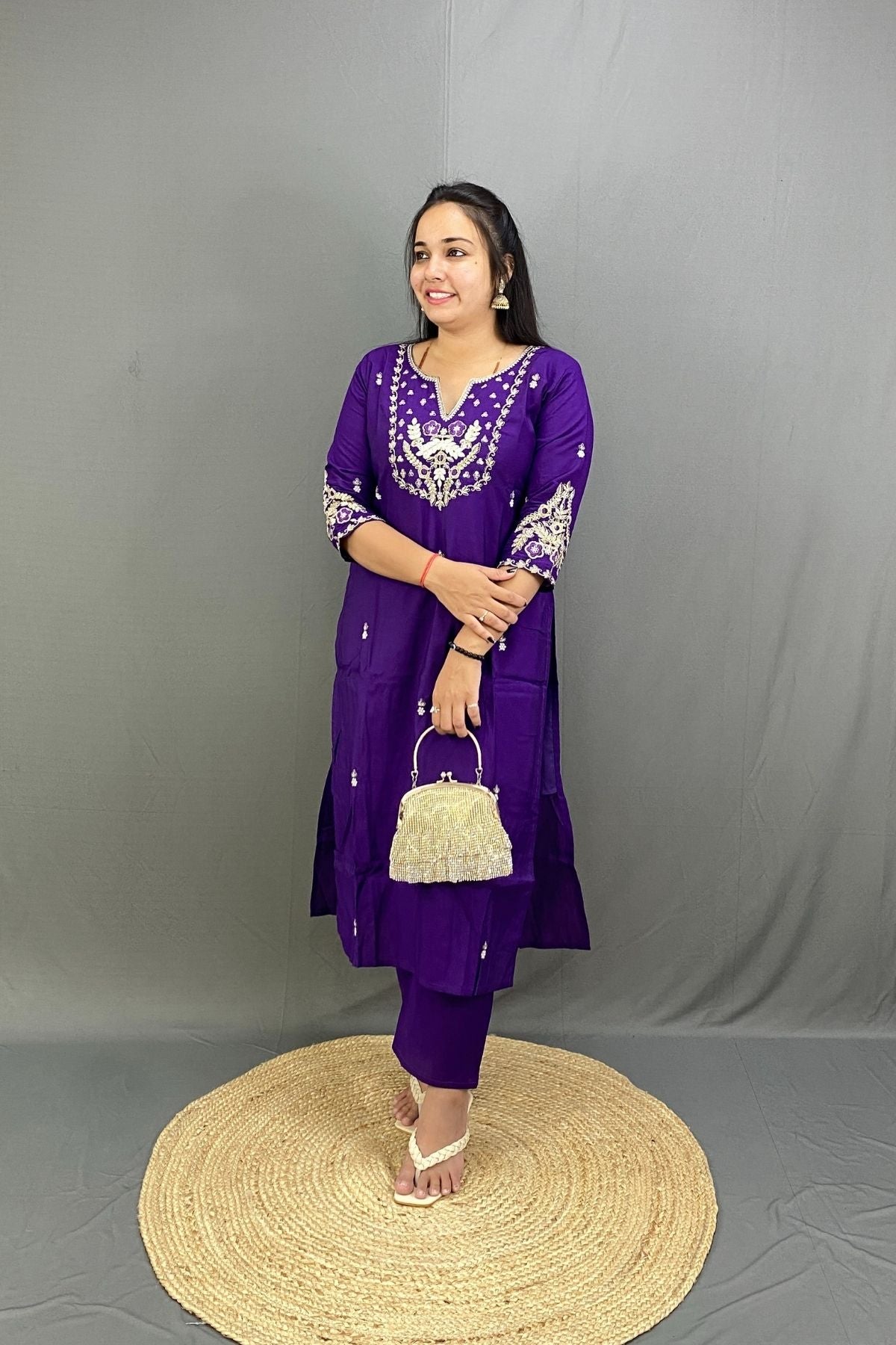 Roman Silk Kurti Set with Zari-Tikki Work over Neckline and Sleeves with Banarasi Style Dupatta