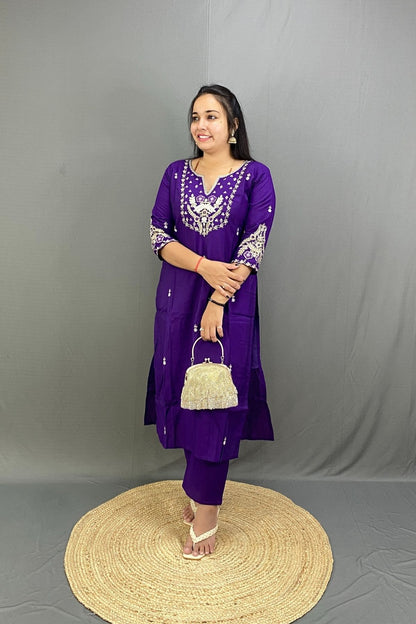 Roman Silk Kurti Set with Zari-Tikki Work over Neckline and Sleeves with Banarasi Style Dupatta