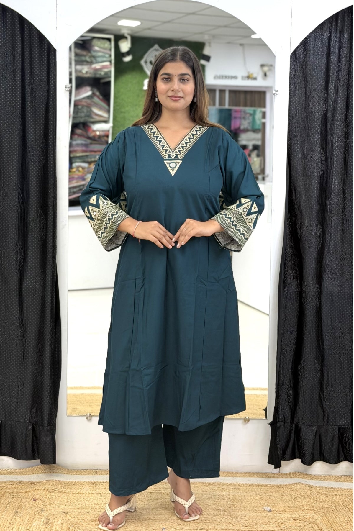 Suvi Slub Cotton A-Line Kurta Set with Geometric Embroidery & Wide Pants