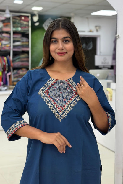 Premium Cotton Kurti Pant Co-ord Set with Multicolor Thread Work | Elegant Office Wear