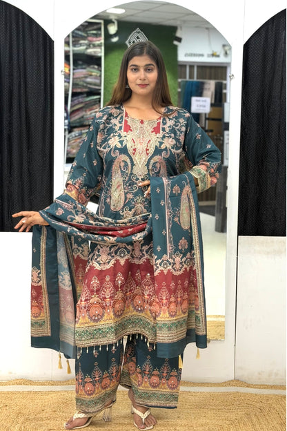 Premium Silk Floral Printed Kurta Set with Mirror Work, Palazzo Pants & Tassel Dupatta