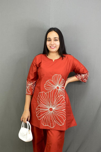 Premium Cotton Rust A-Line Co-ord Set with Elegant White Floral Embroidery