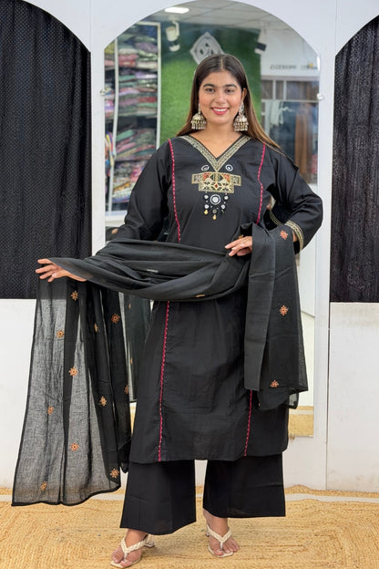 Premium Cotton A-Line Kurta Semi Palazzo Dupatta Set with Cutdana, Mirror Work & V-Neck