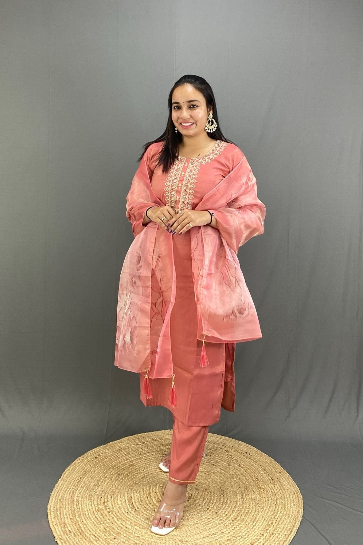 Luxury Roman Silk Kurti Pant Set with Intricate Zari Neckline & Floral Organza Dupatta