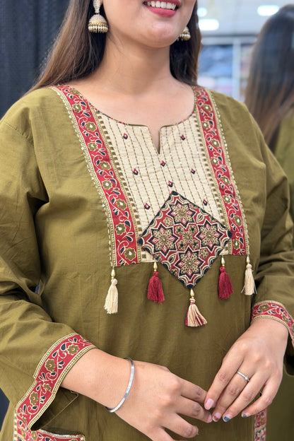 Plus Size Pure Cotton Kurta Palazzo Dupatta Set with Ajrak Patch Wor