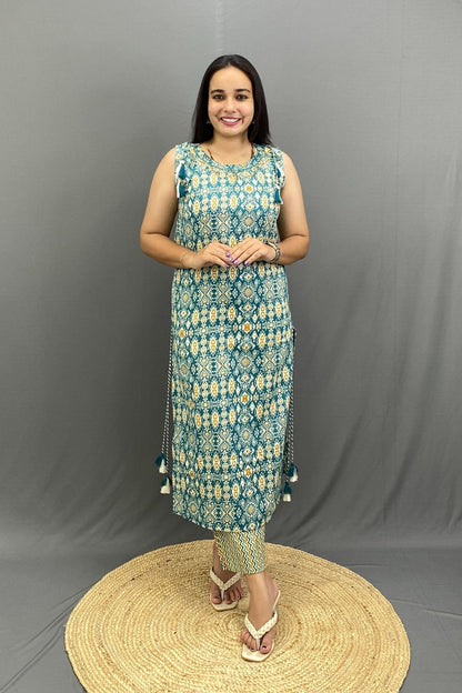 Cotton Kurti Pant Dupatta Set with Shoulder & Side Dori, Latkans, Sleeveless with Extra Sleeves