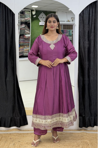 Roman Silk Full Flared Anarkali Suit Set with Zari & Sequin Embroidery Dupatta
