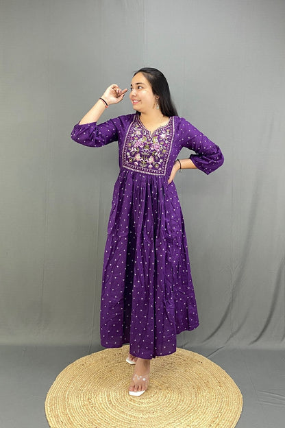 Purple Ghera Kurti Pant Set with Multicolor Peacock Embroidery & Mulmul Cotton Dupatta