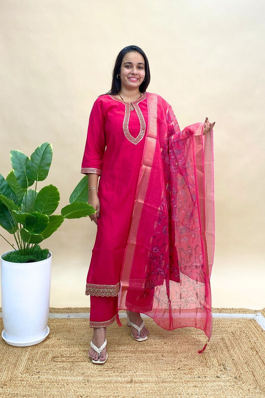 Silk Kurta Pant Set with Organza Dupatta & Elegant Neck Design, Perfect for Festive Wear