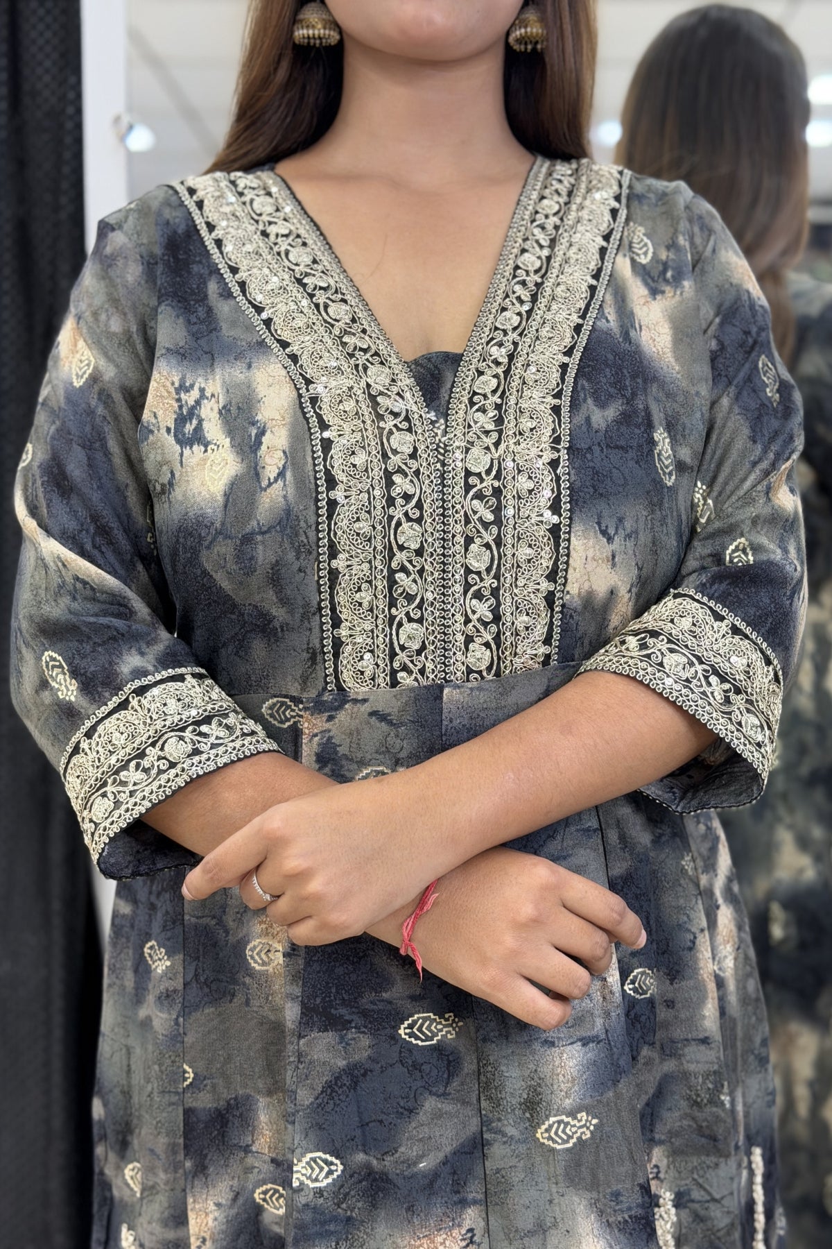Heavy Rayon Tie-Dye Print V-Neck Full Ghera Anarkali Kurti Pant Set