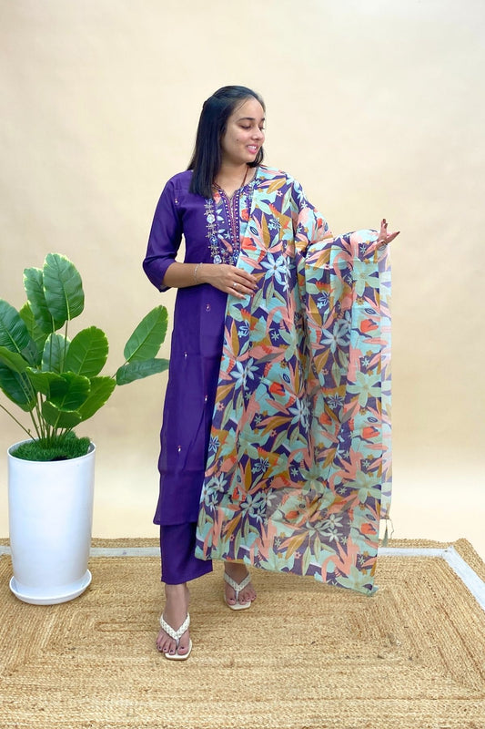 Silk Kurti Pant Set with Printed Dupatta & Elegant Neck Embroidery, Festive & Wedding Wear