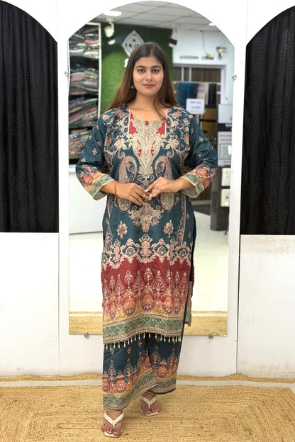 Premium Silk Floral Printed Kurta Set with Mirror Work, Palazzo Pants & Tassel Dupatta