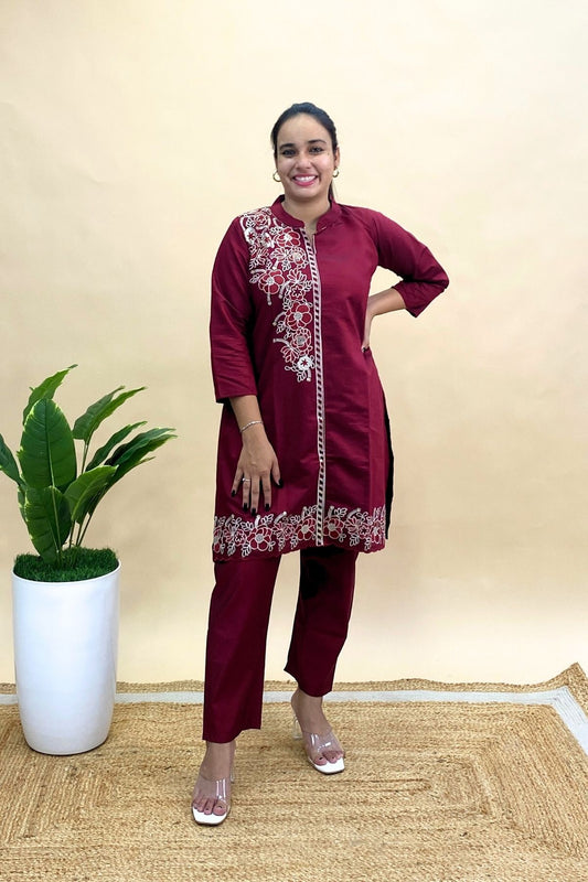 Premium Silk Embroidered Co-ord Set with Floral Detailing, Kurti & Pant Set