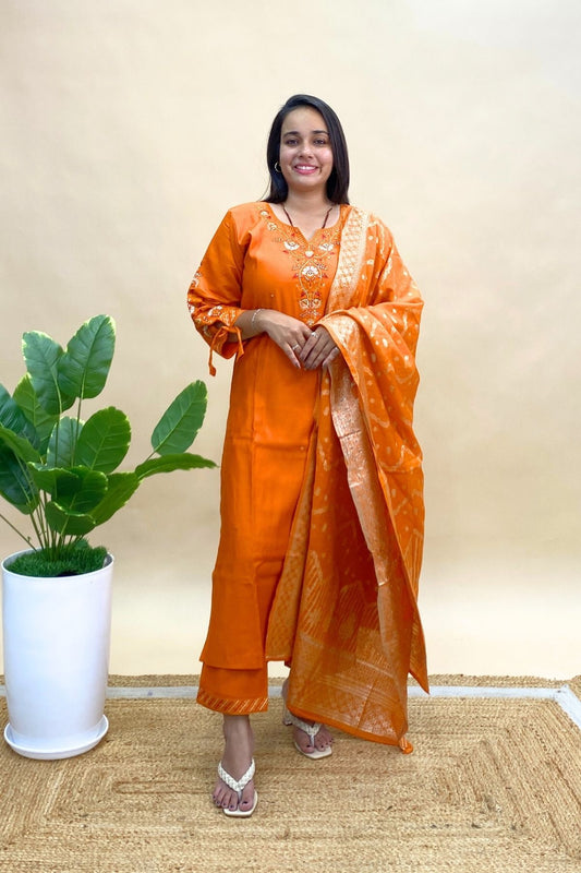 Premium Silk Kurti Pant Set with Banarasi Dupatta & Elegant Dori Sleeve Detail