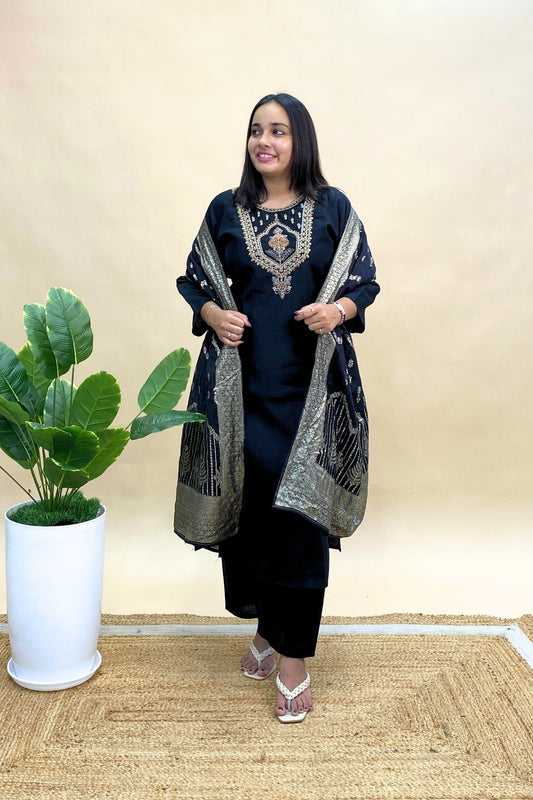 Cotton Kurti Pant Set with Banarasi Dupatta & Embroidered Neck, Perfect for festive wear