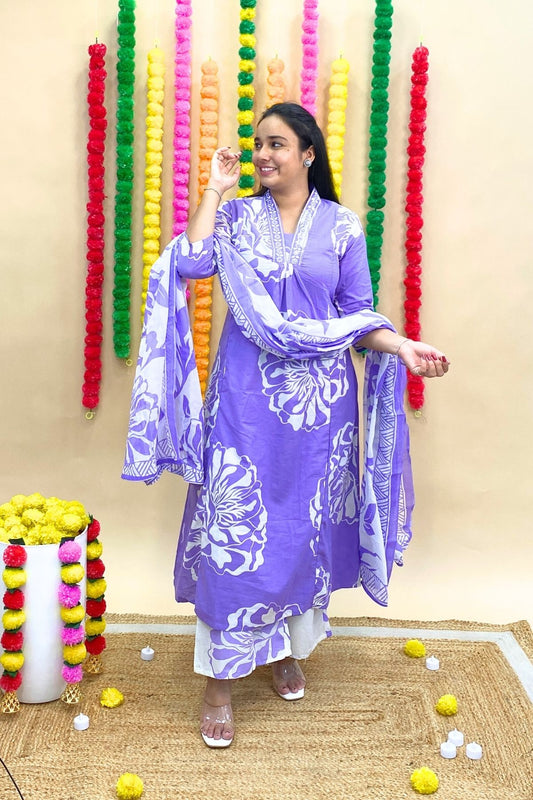 Jaipuri Premium Cotton A-Line Kurti Palazzo Dupatta Set with Abstract Floral Print