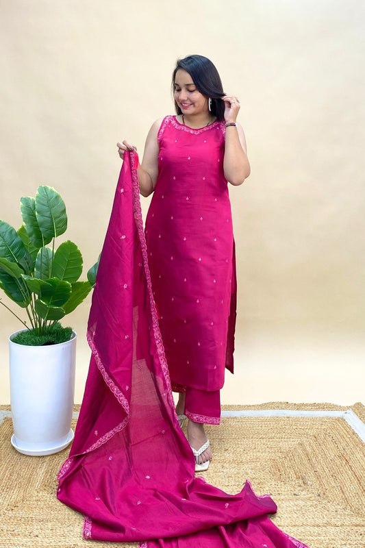 Sleeveless Silk Kurti Pant Dupatta Set with Attachable Sleeves, All-Over Embroidery,Festive Wear