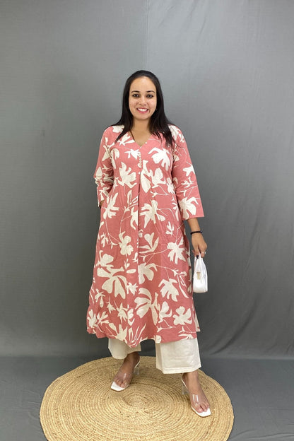 Premium Cotton Printed A-Line Kurti Co-ord Set with Khadi Trousers