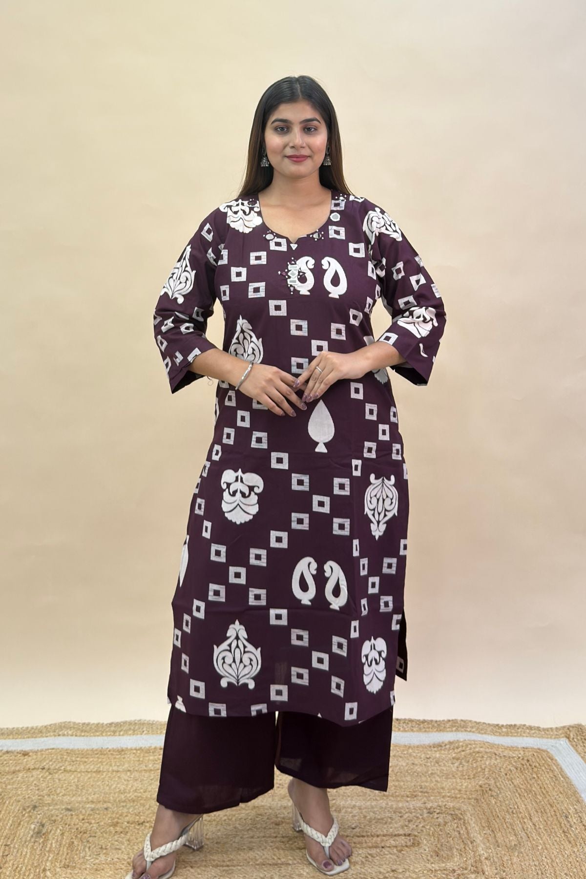 Premium Cotton Kurta Set with Abhala Mirror Work, Semi Palazzo Pant & Mulmul Printed Dupatta