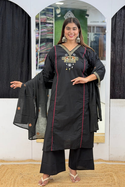 Premium Cotton A-Line Kurta Semi Palazzo Dupatta Set with Cutdana, Mirror Work & V-Neck