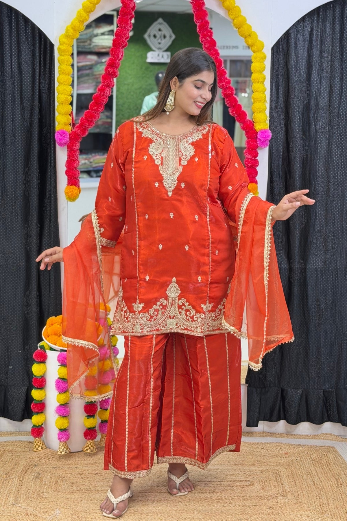 Roman Glass  Sharara Suit Set with Zari & Tikki Work and Organza Dupatta