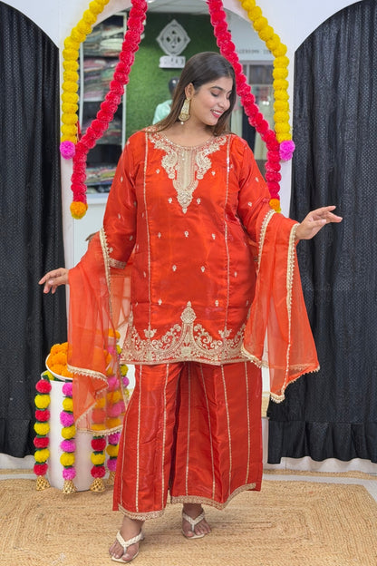Roman Glass  Sharara Suit Set with Zari & Tikki Work and Organza Dupatta