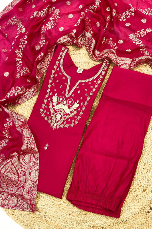 Roman Silk Kurti Pant Dupatta Set with Gotapatti Embroidered Neckline & Banarasi Dupatta