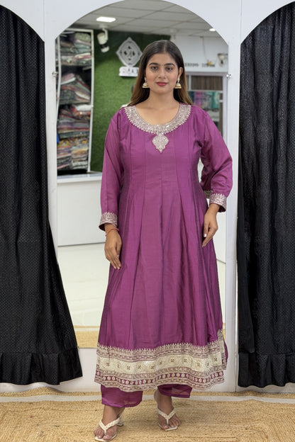 Roman Silk Full Flared Anarkali Suit Set with Zari & Sequin Embroidery Dupatta