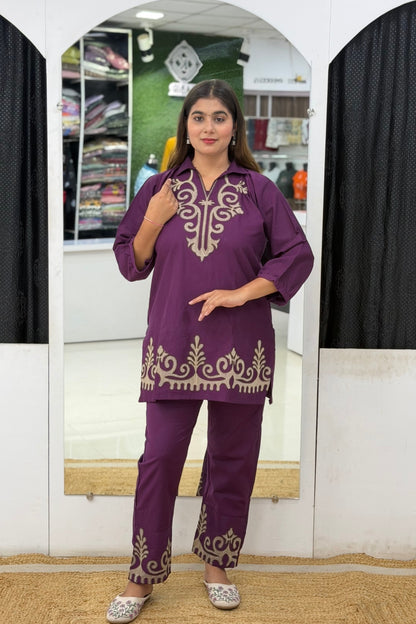 Embroidered Cord Set with Short Kurti, Semi Palazzo Pants & Heavy Thread Work