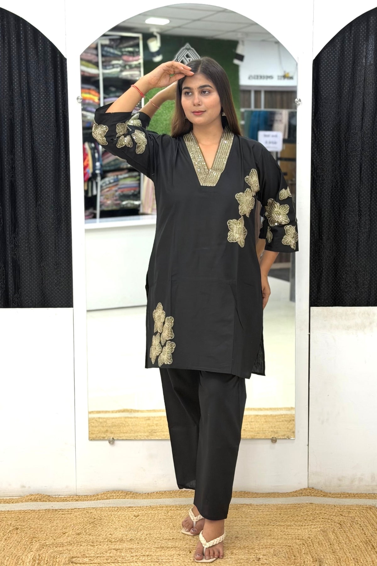 Premium Cotton Short Kurti Cord Set with Gold Tikki Work, Floral Embroidery & Palazzo Pants