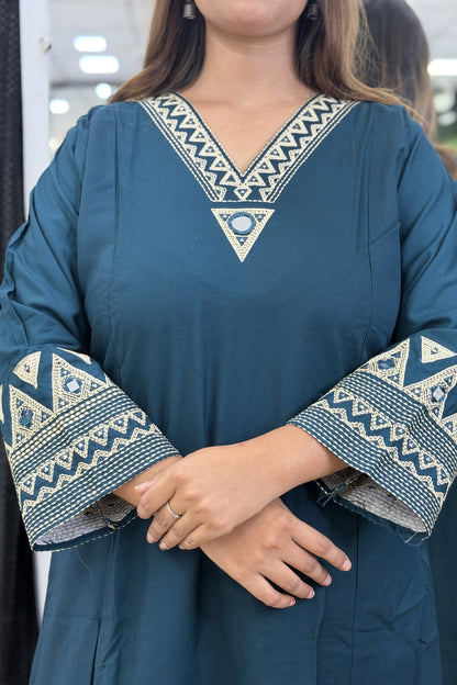 Suvi Slub Cotton A-Line Kurta Set with Geometric Embroidery & Wide Pants