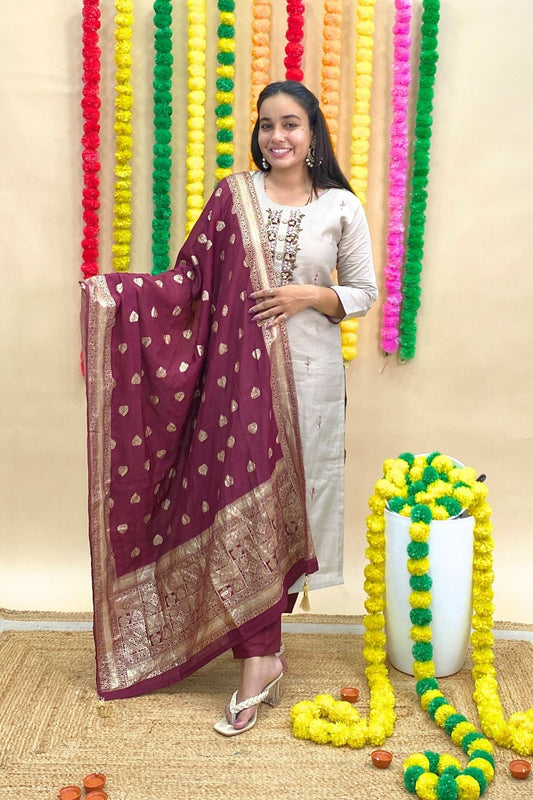 Roman Silk Grey Kurti with Maroon Pant & Banarasi Dupatta