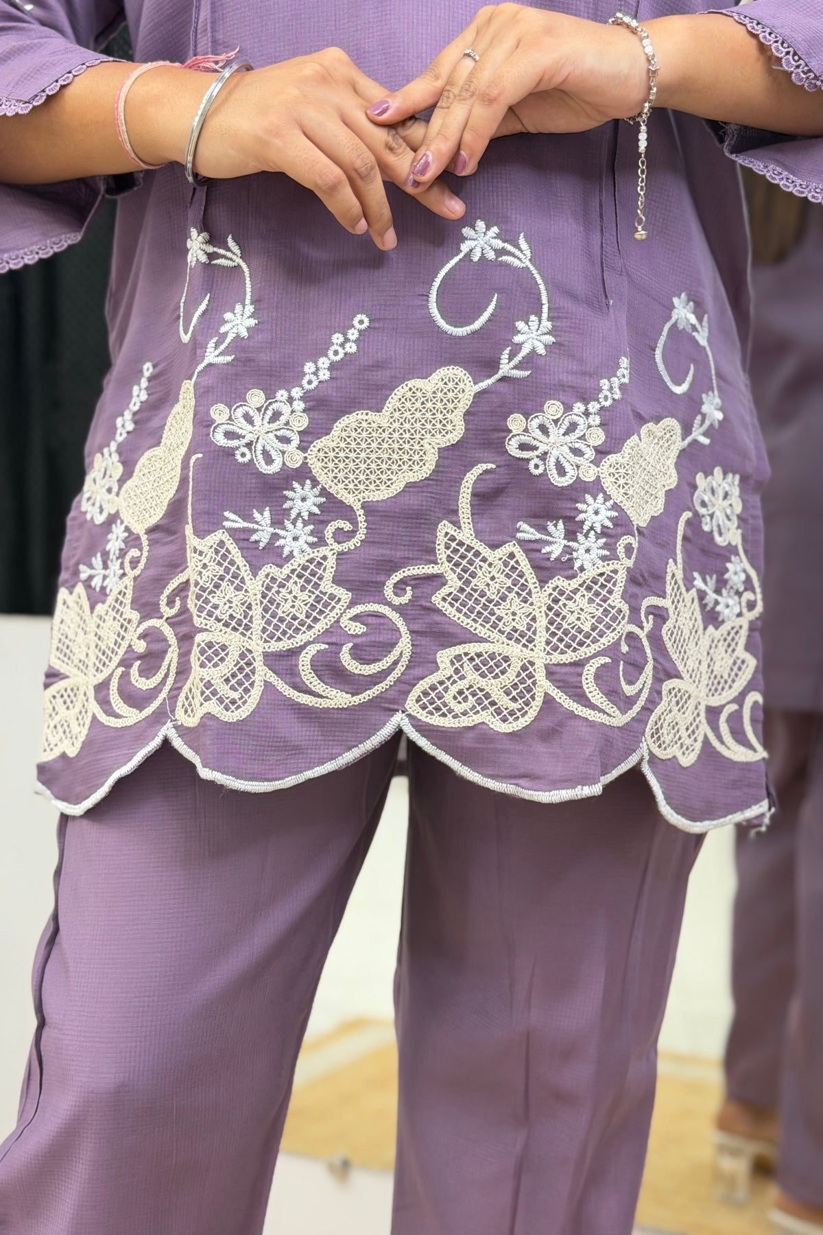 Cotton Flex Embroidered Short Tunic Trouser Cord Set with Heavy Thread Work