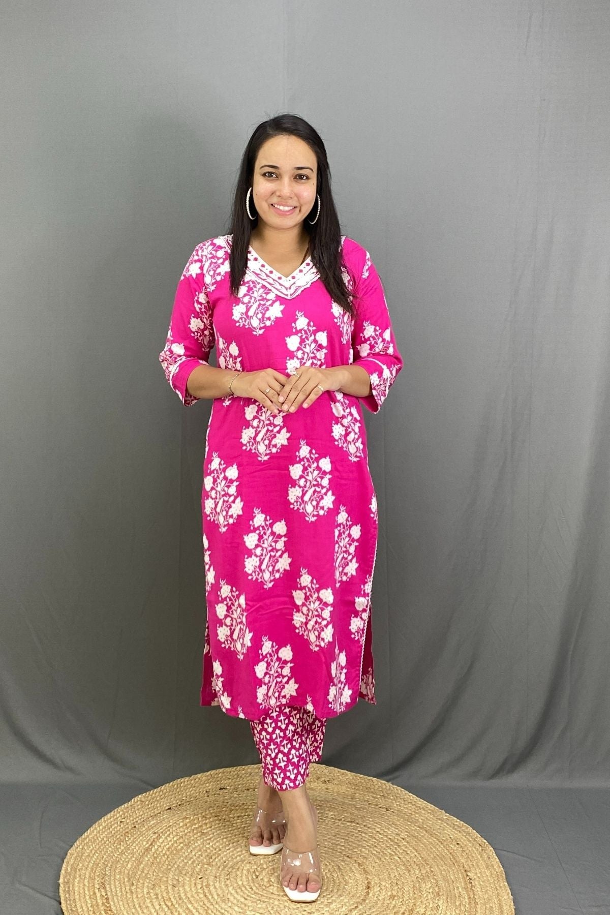 Graceful Block Printed V-Neck Cotton Kurta Set with Mal Cotton Dupatta