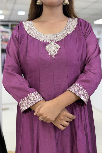 Roman Silk Full Flared Anarkali Suit Set with Zari & Sequin Embroidery Dupatta