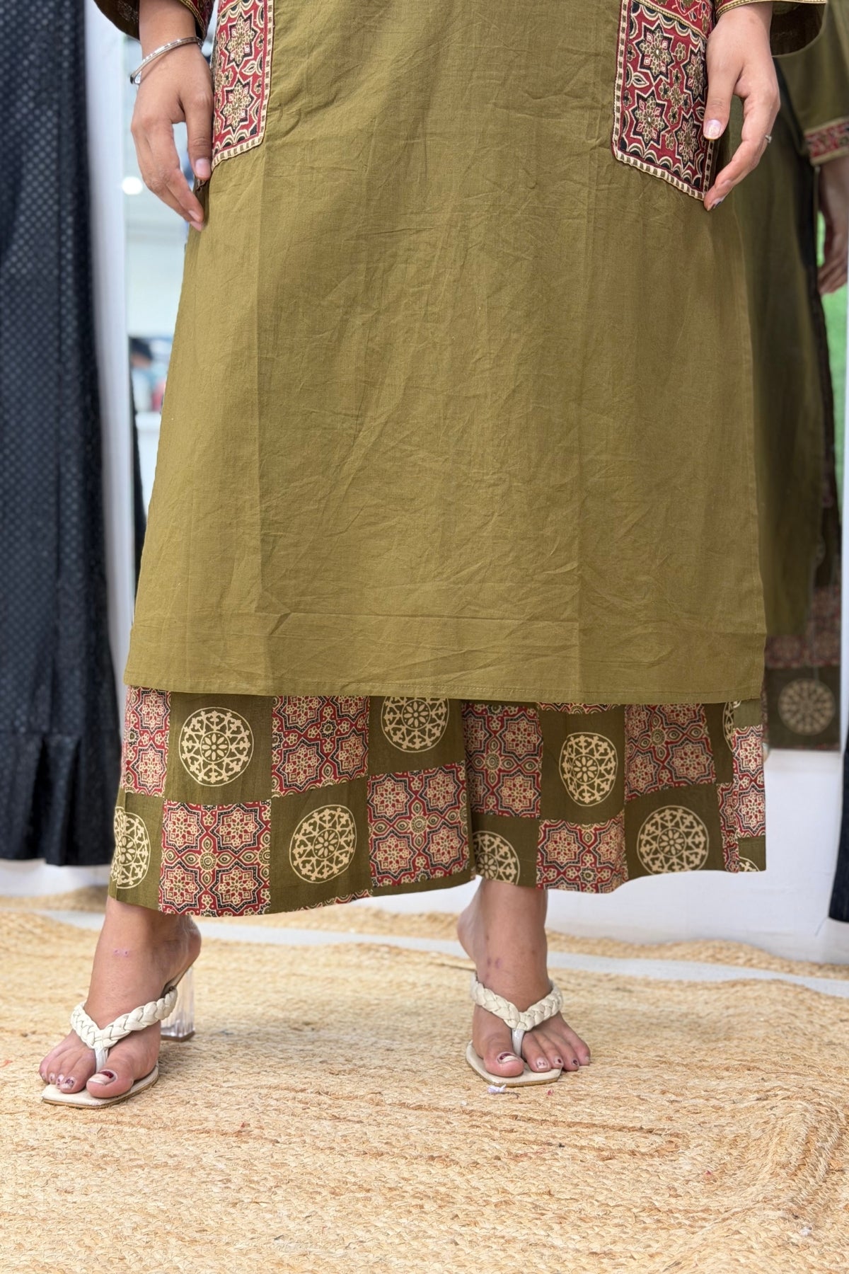 Plus Size Pure Cotton Kurta Palazzo Dupatta Set with Ajrak Patch Wor