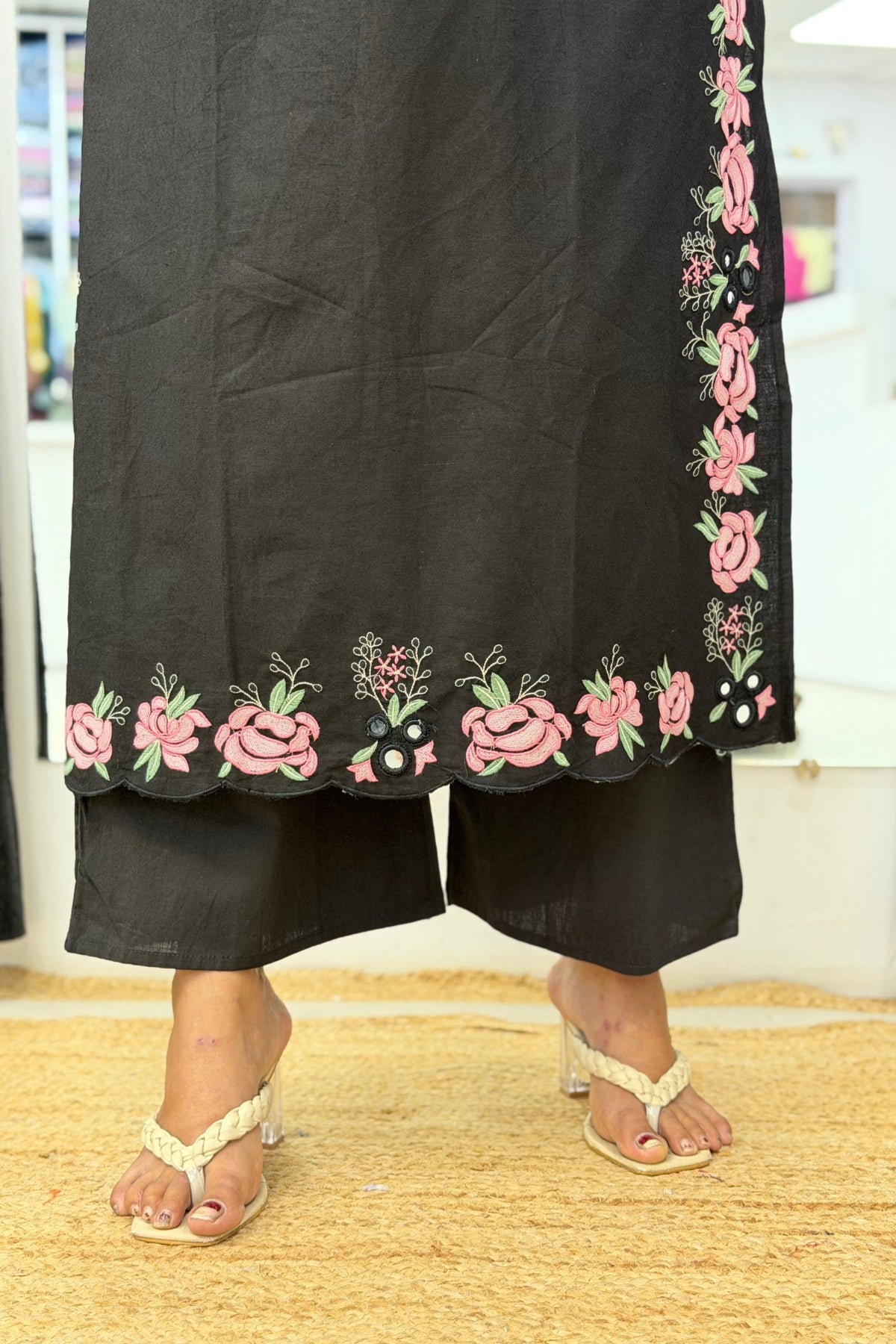 Pure Cotton V-Neck Kurta Palazzo Dupatta Set with Floral Thread Embroidery