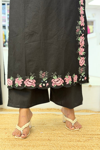 Pure Cotton V-Neck Kurta Palazzo Dupatta Set with Floral Thread Embroidery