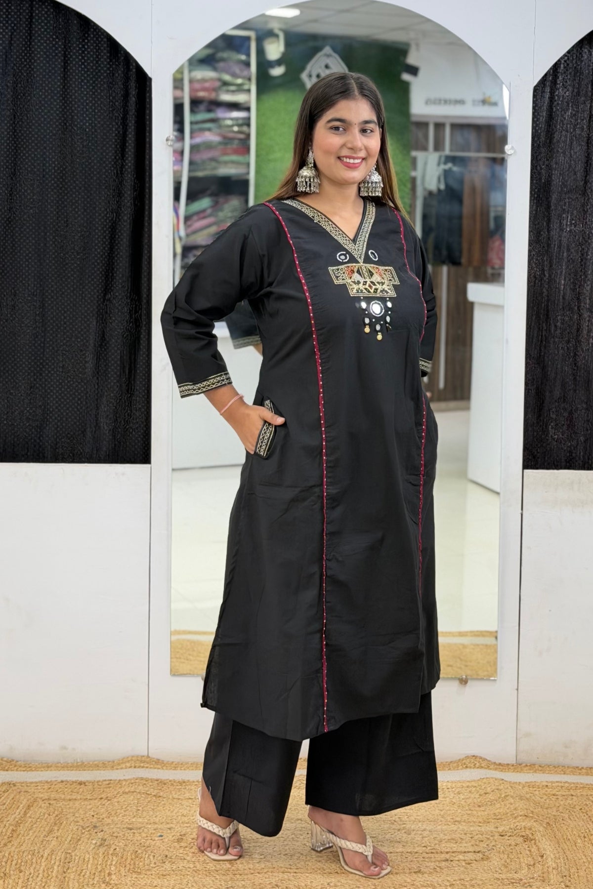Premium Cotton A-Line Kurta Semi Palazzo Dupatta Set with Cutdana, Mirror Work & V-Neck