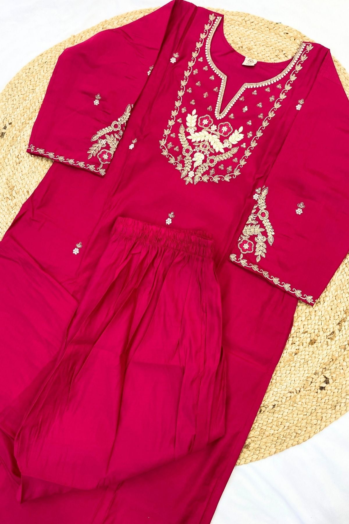 Roman Silk Kurti Pant Dupatta Set with Gotapatti Embroidered Neckline & Banarasi Dupatta