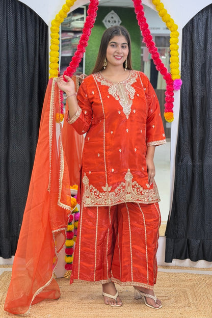 Roman Glass  Sharara Suit Set with Zari & Tikki Work and Organza Dupatta